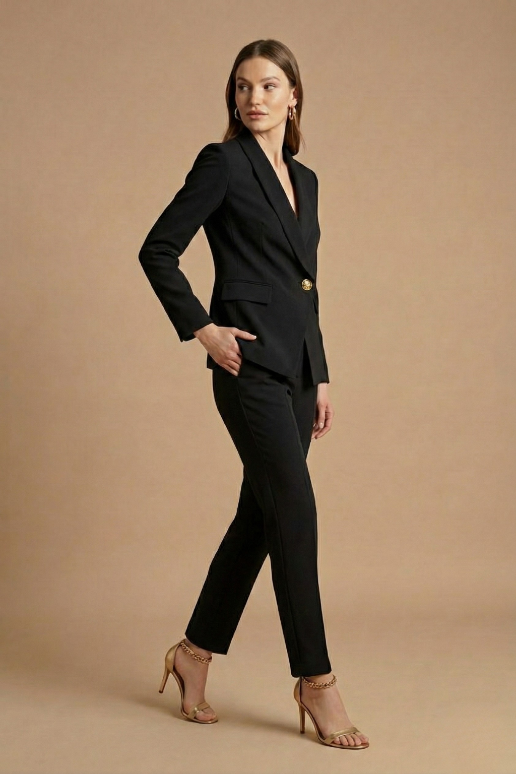 Dames Tweedelige Pakset – Blazer met Sjaalkraag en Rechte Broek