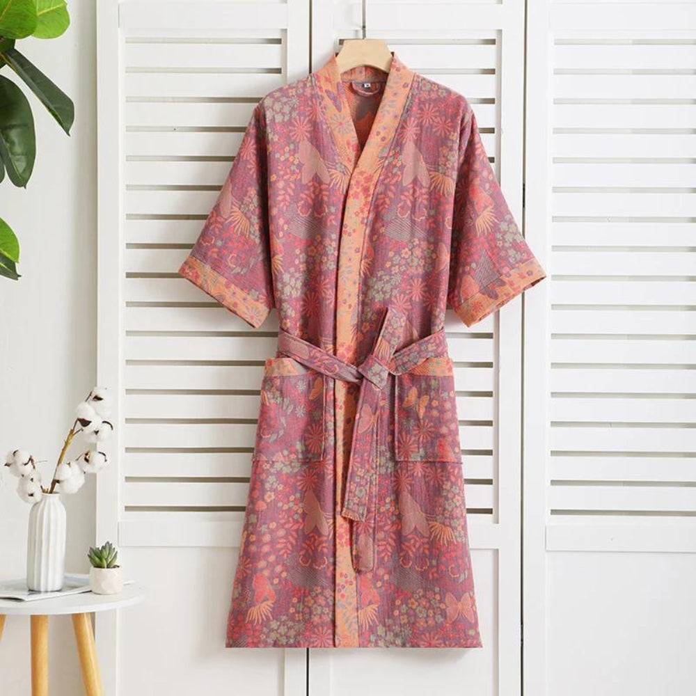 Luxe Katoenen Badjas met Vintage Print Lichtgewicht, Ademend en Comfortabel