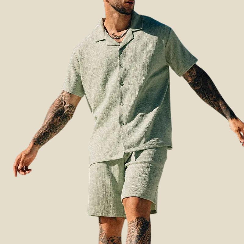 Heren Tweedelige Set – Korte Mouwen Overhemd met Elastische Broek of Shorts