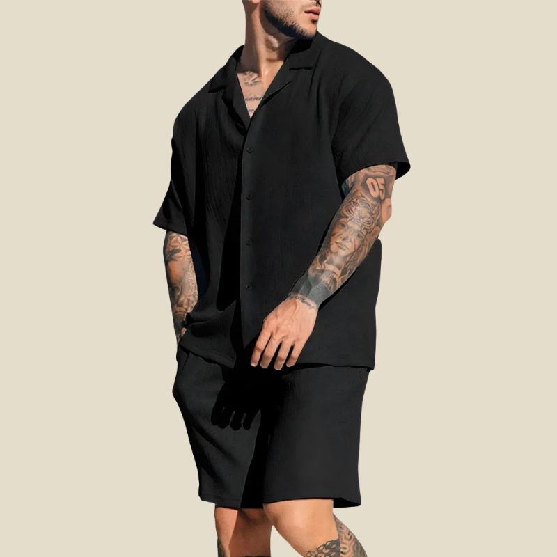 Heren Tweedelige Set – Korte Mouwen Overhemd met Elastische Broek of Shorts