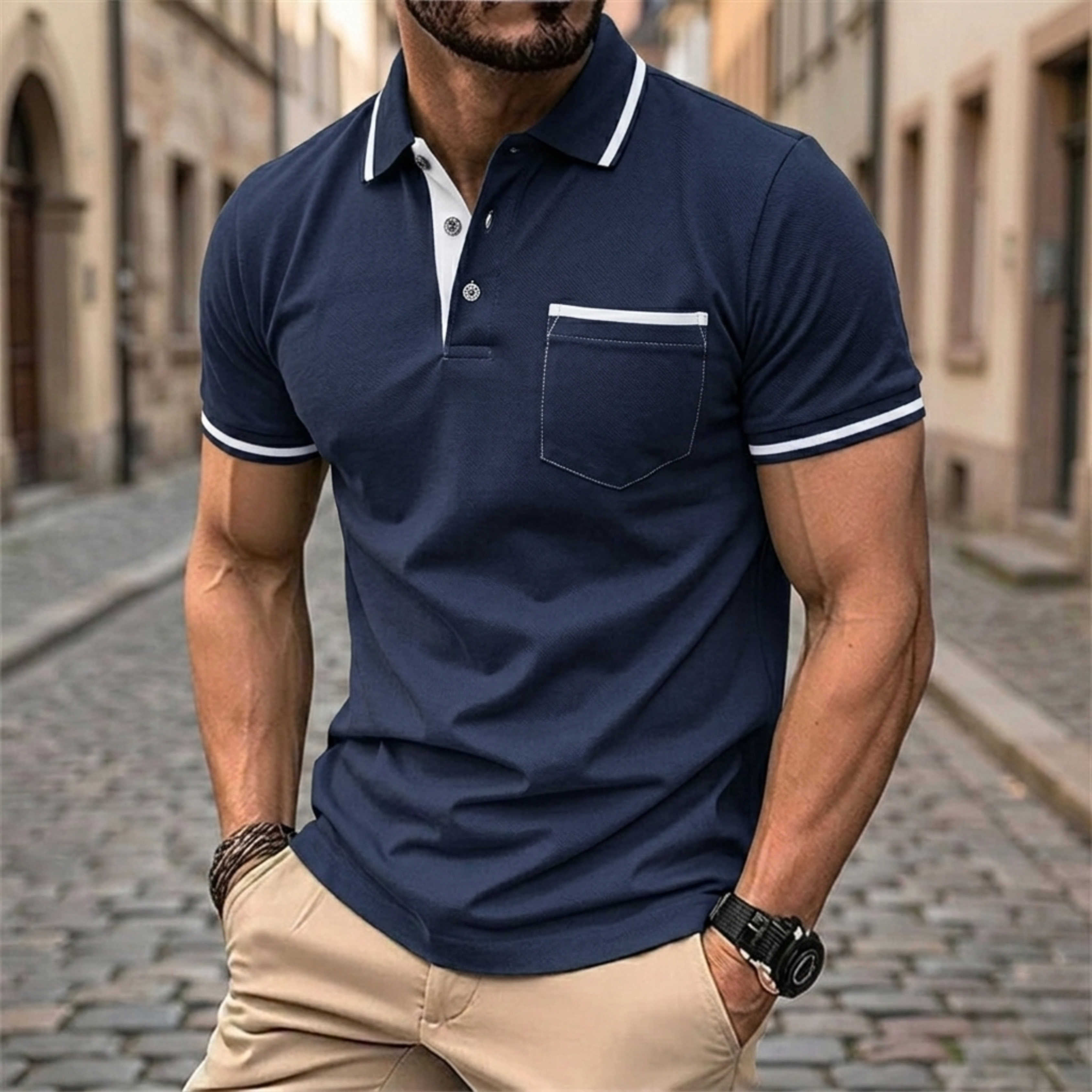 Heren poloshirt korte mouw | Slim fit met contrastdetails en borstzak