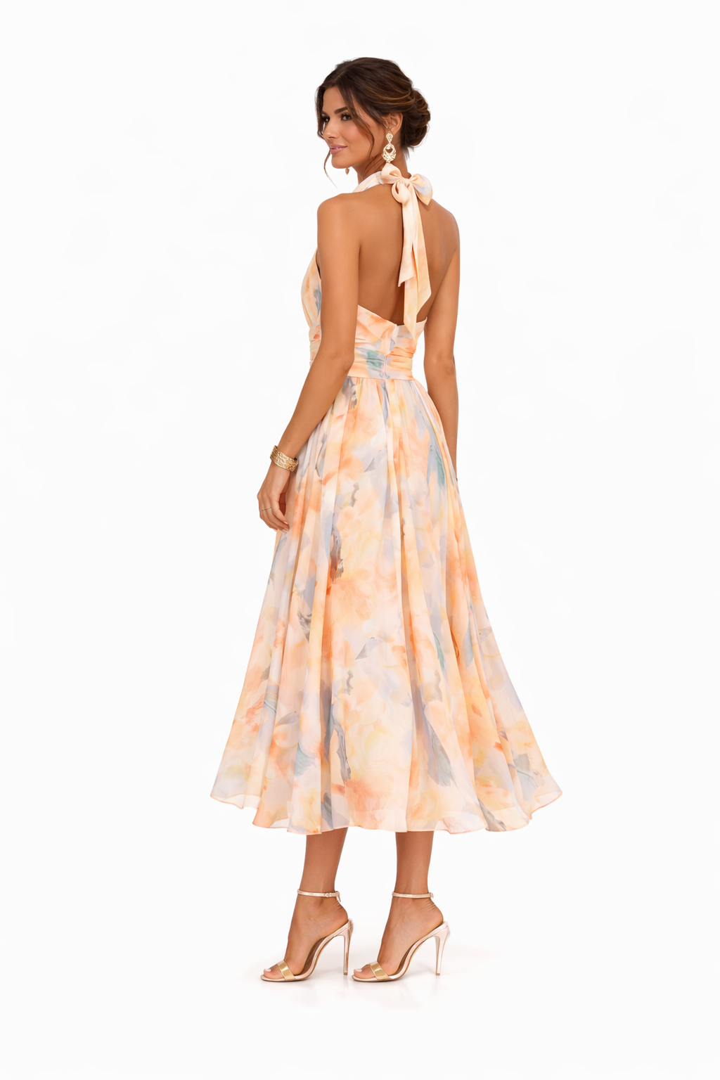 Dames Maxi Jurk met Halterhals en Bloemenprint – Open Rug en Vloeiend Silhouet