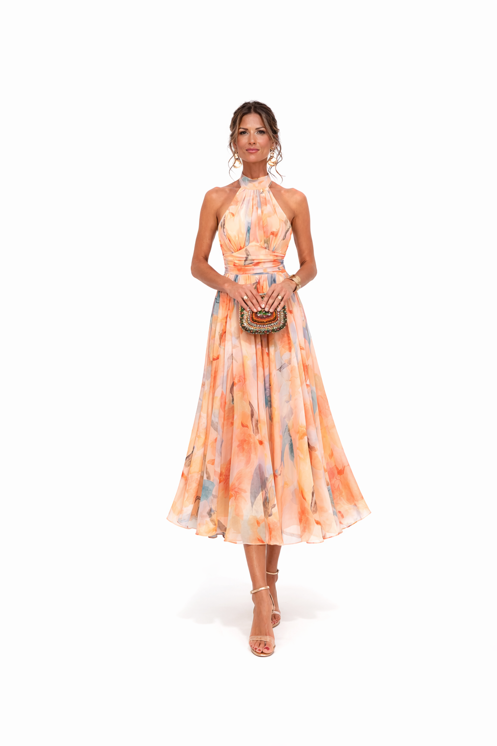 Dames Maxi Jurk met Halterhals en Bloemenprint – Open Rug en Vloeiend Silhouet