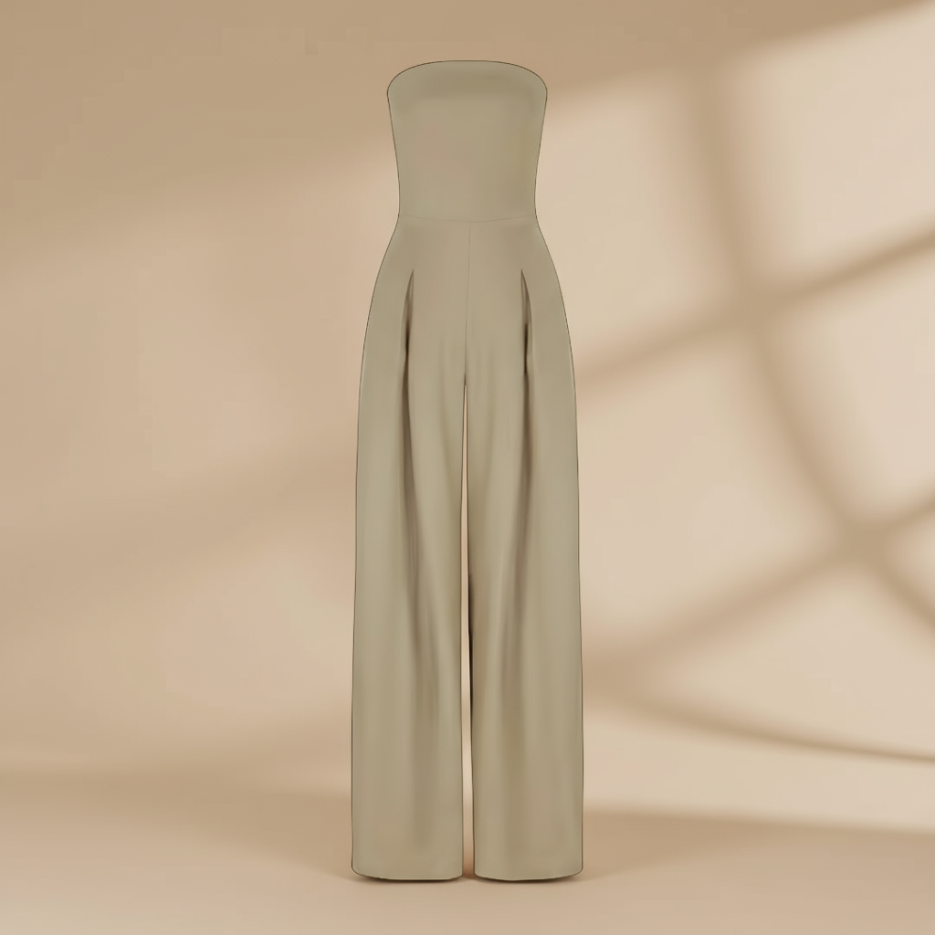 Dames Strapless Jumpsuit met Wijde Pijpen – Aansluitende Taille en Vloeiend Silhouet