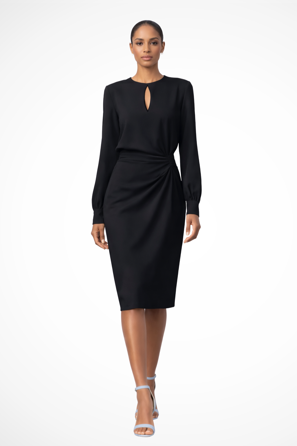 Dames Midi Zomerjurk met Lange Mouwen – Keyhole Hals en Gerimpelde Taille