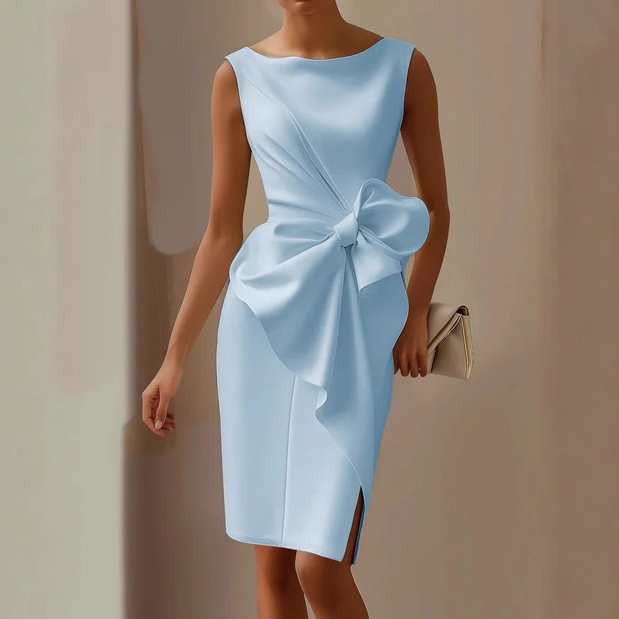 Dames Mouwloze Midi Zomerjurk met Boothals – Strikdetail aan de Zijkant