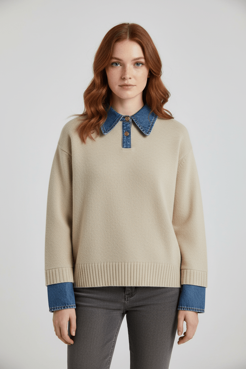 Dames Trui met Denim Kraag | Relaxed Fit & Gelaagde Look