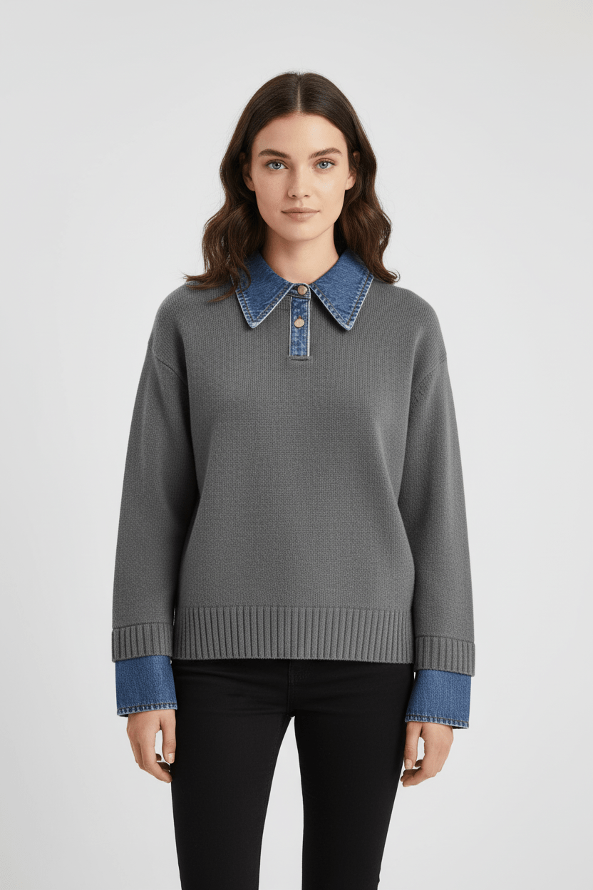 Dames Trui met Denim Kraag | Relaxed Fit & Gelaagde Look