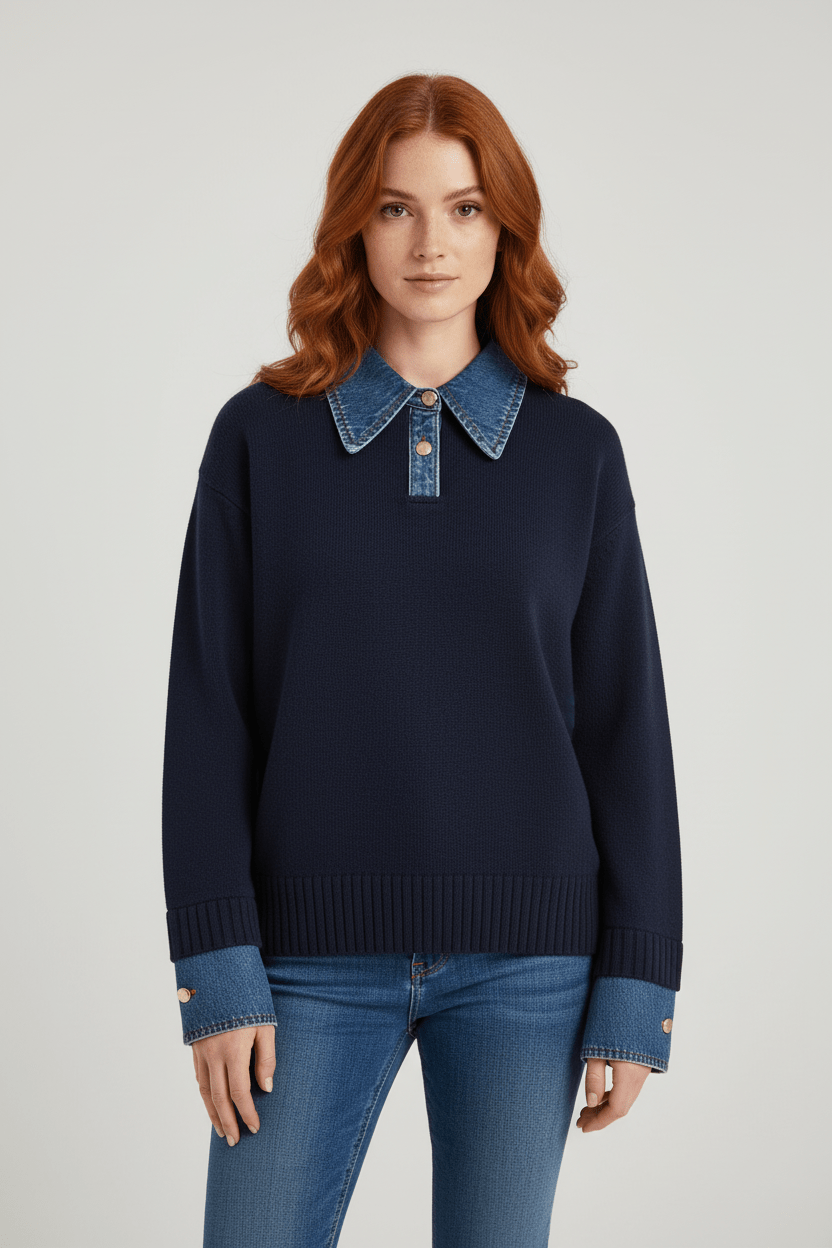 Dames Trui met Denim Kraag | Relaxed Fit & Gelaagde Look
