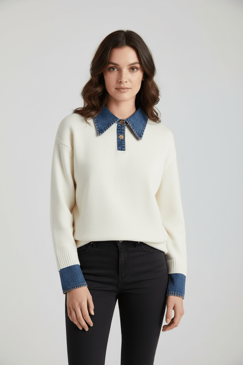 Dames Trui met Denim Kraag | Relaxed Fit & Gelaagde Look
