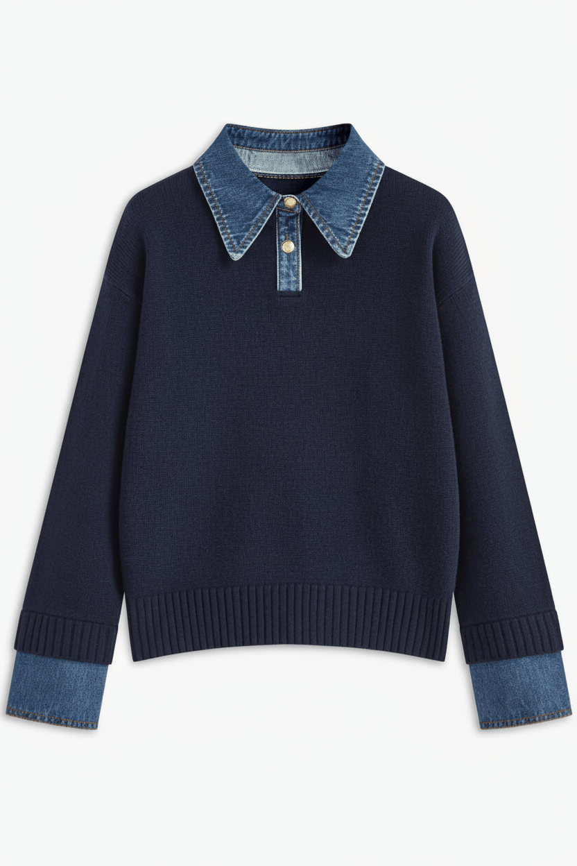 Dames Trui met Denim Kraag | Relaxed Fit & Gelaagde Look