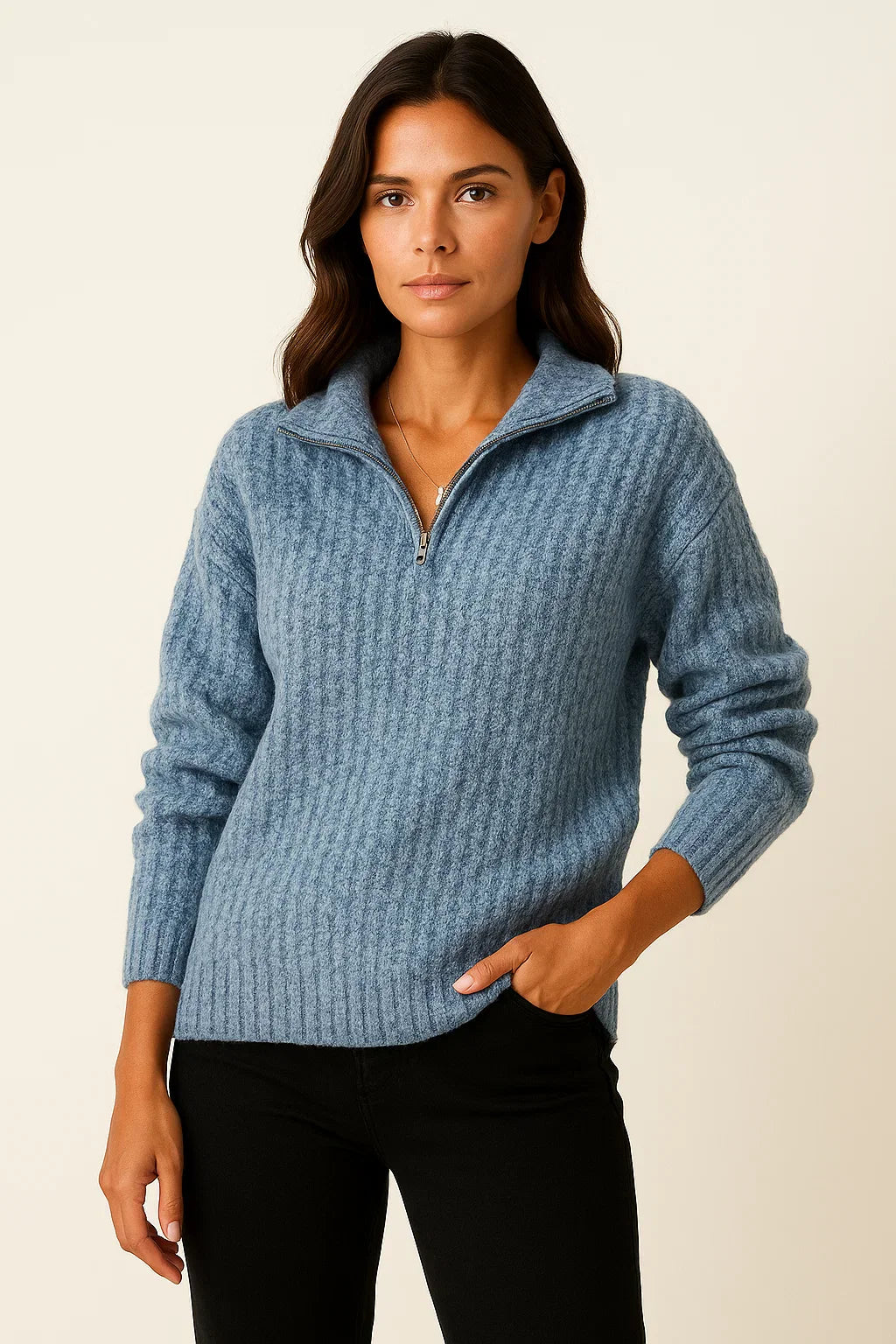 Half Zip Trui Dames – Grijze pullover met casual fit en lange mouwen