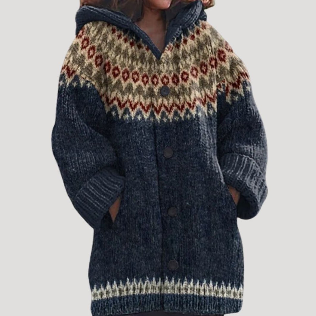 Dames Gebreid Vest met Fair Isle Patroon | Warm en Comfortabel voor de Winter - De Mode OutletWomen’s fair isle chunky knit patterned cardigan-Blue-8 (S)