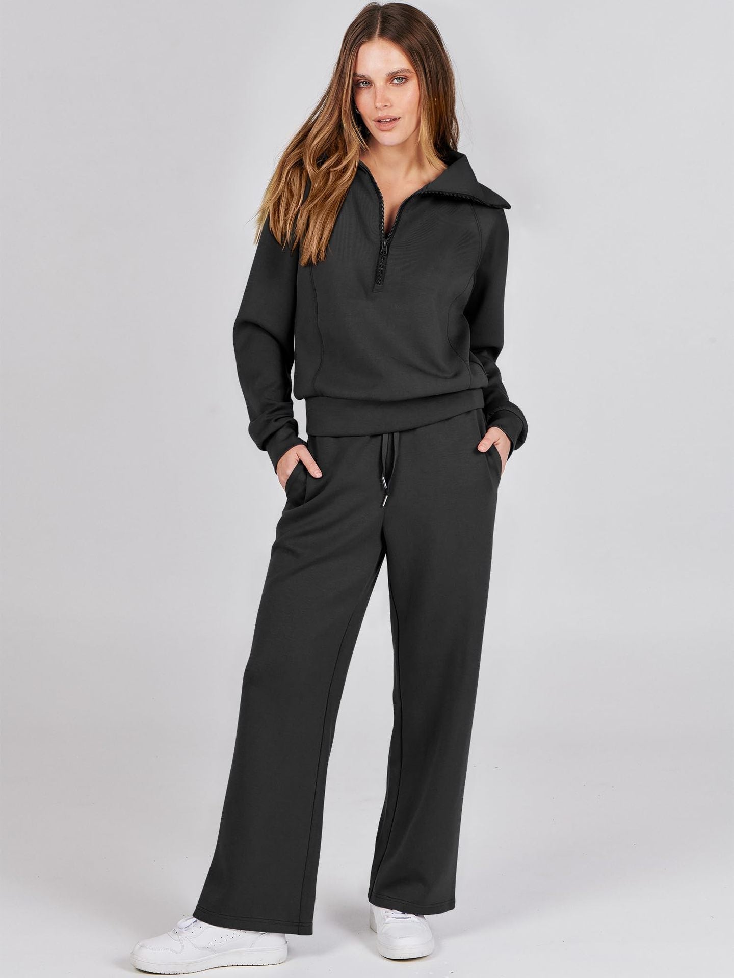 Dames Vrijetijdsset met Zipper Pullover en Wijde Broek | Comfortabel en Modern - De Mode OutletSKU_1758725128828_599
