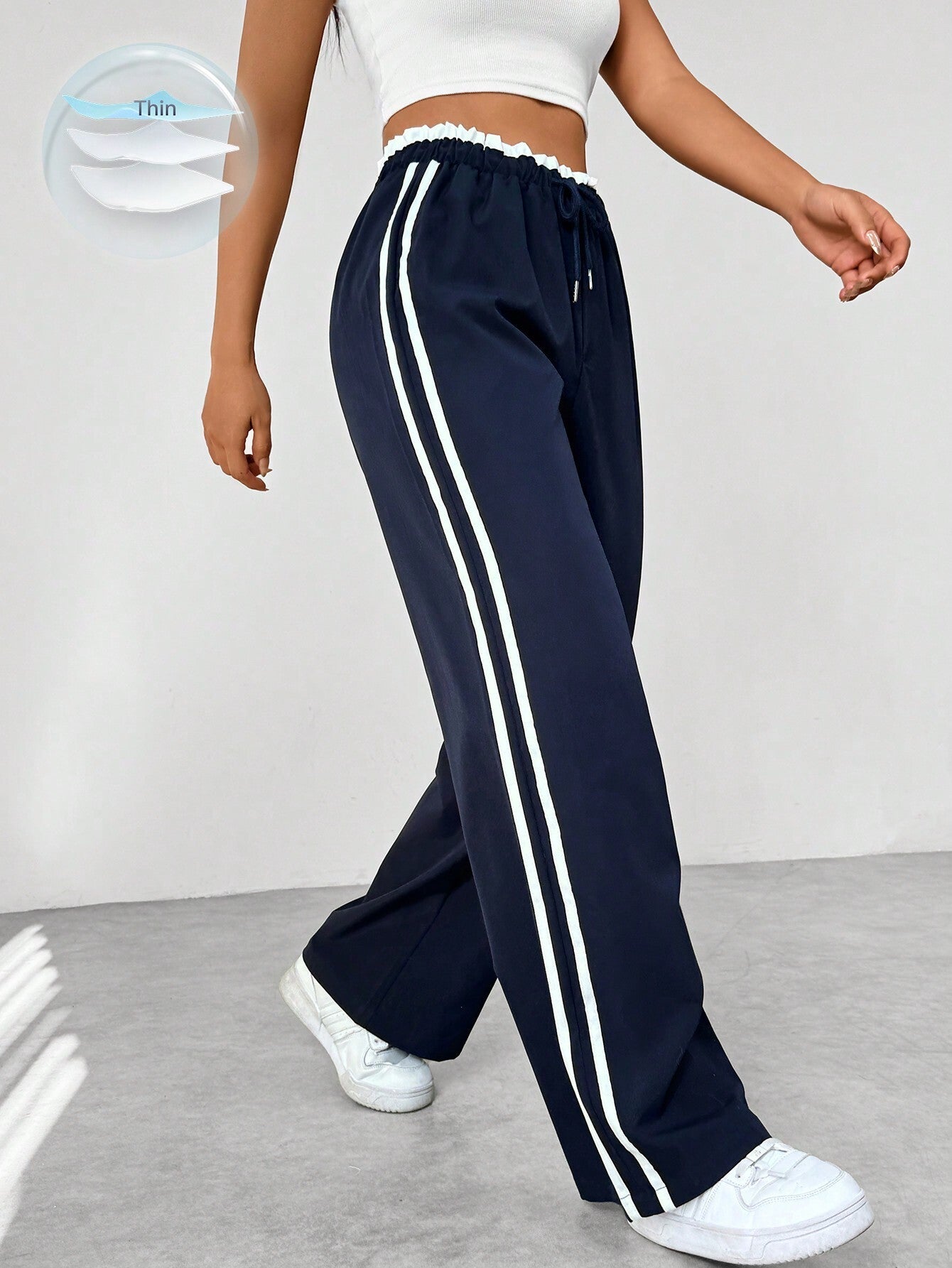 Dames Wide - Leg Broek met Strepen en Elastische Taille - De Mode OutletFA-11300425-140106-92-1