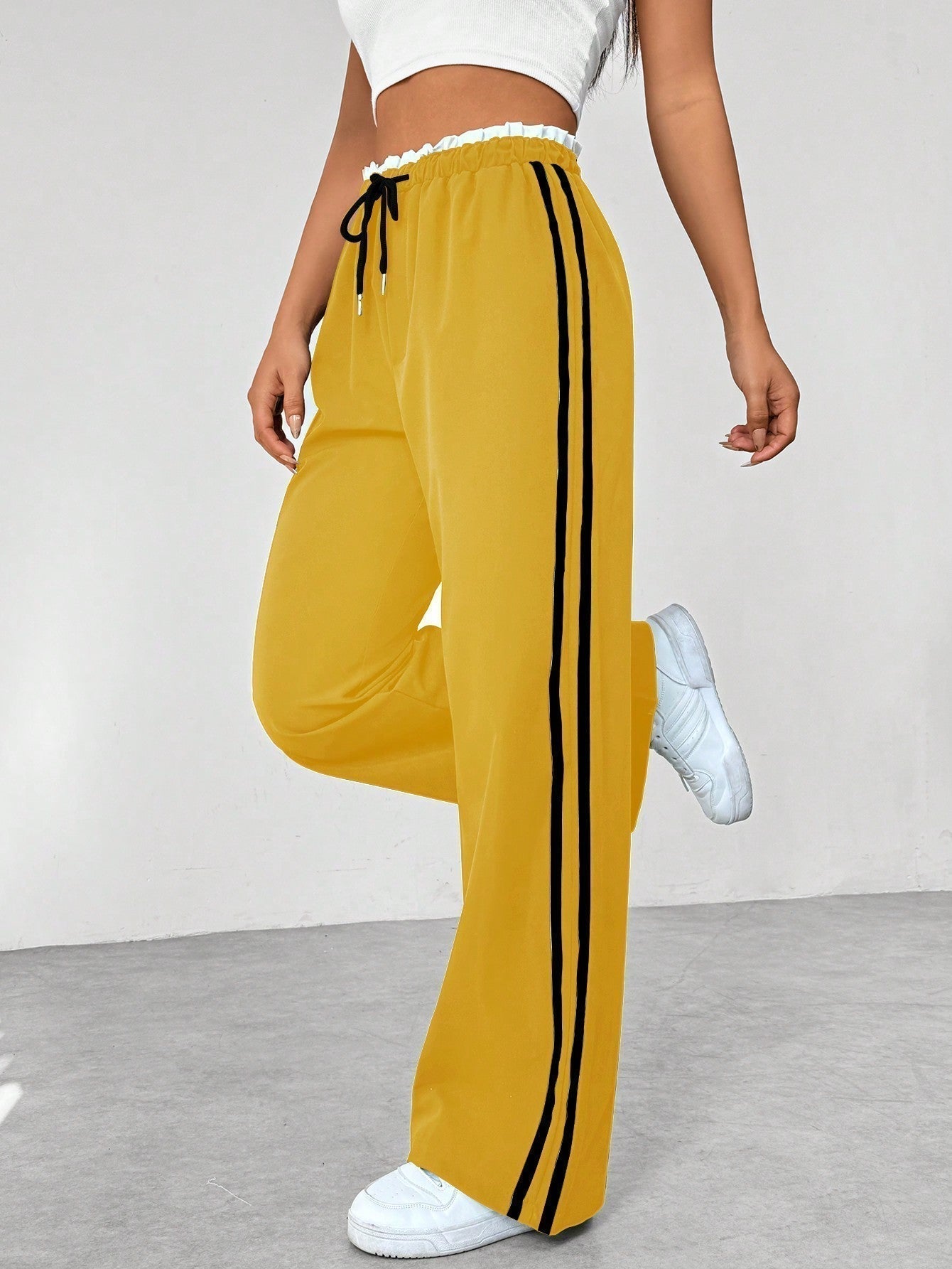Dames Wide - Leg Broek met Strepen en Elastische Taille - De Mode OutletFA-11300425-140106-92-7