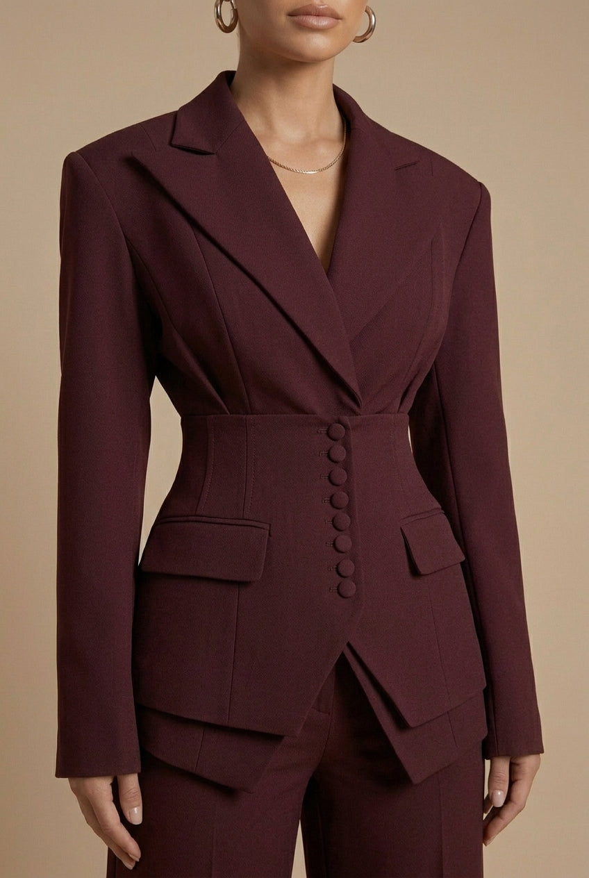 Dames Tweedelige Pakset – Getailleerde Blazer met Wijde Broek