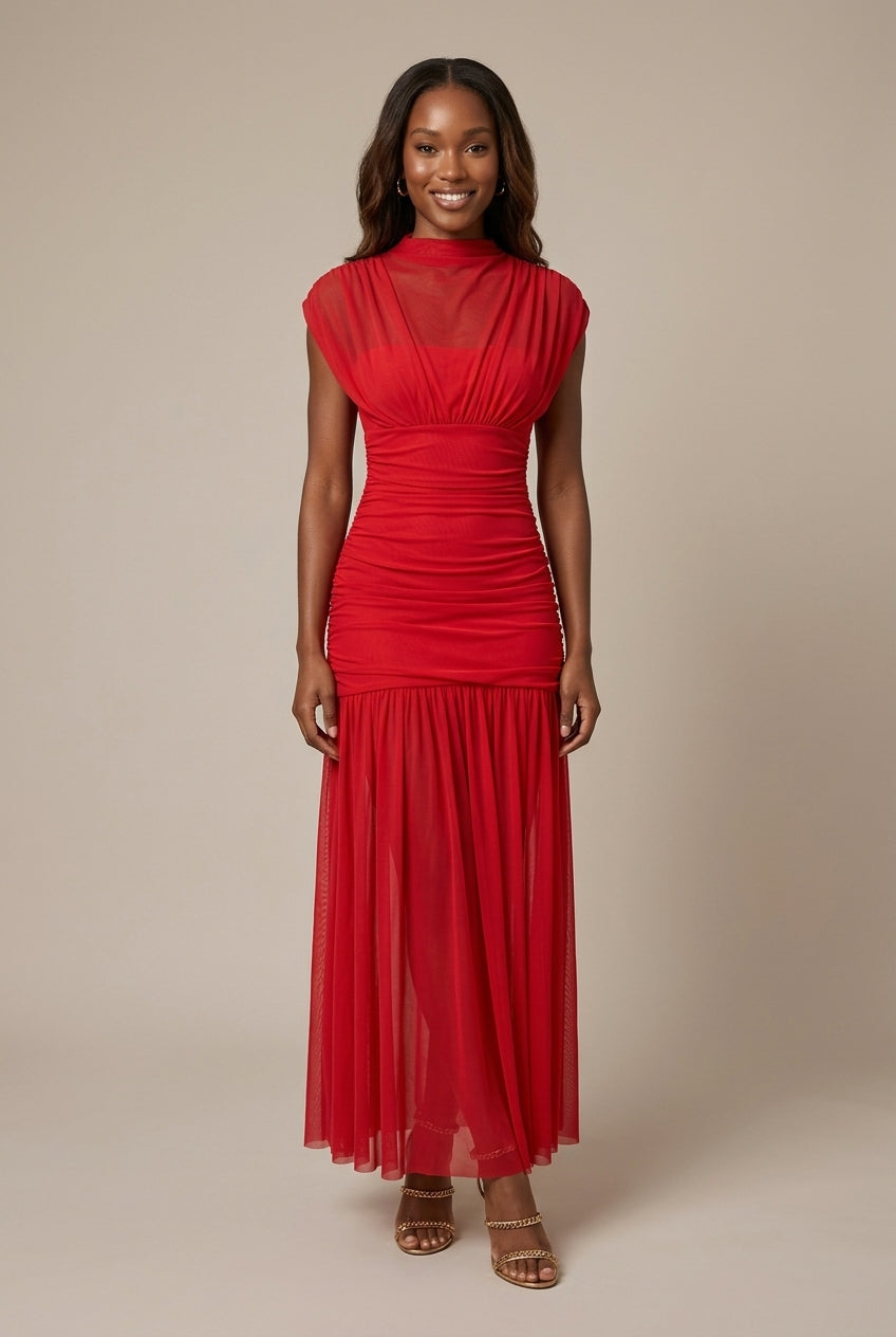 Dames Maxi Jurk met Mesh Rok – Gerimpte Top en Hoge Hals