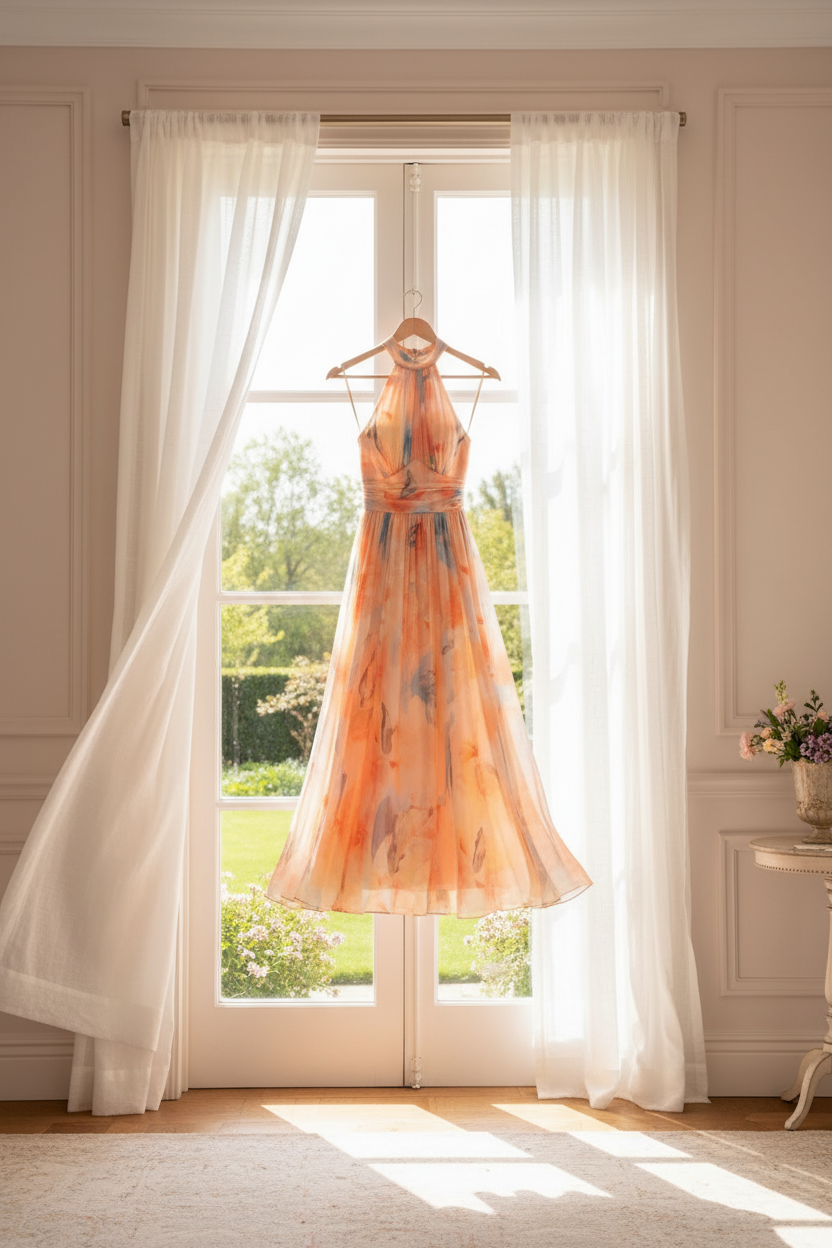Dames Maxi Jurk met Halterhals en Bloemenprint – Open Rug en Vloeiend Silhouet