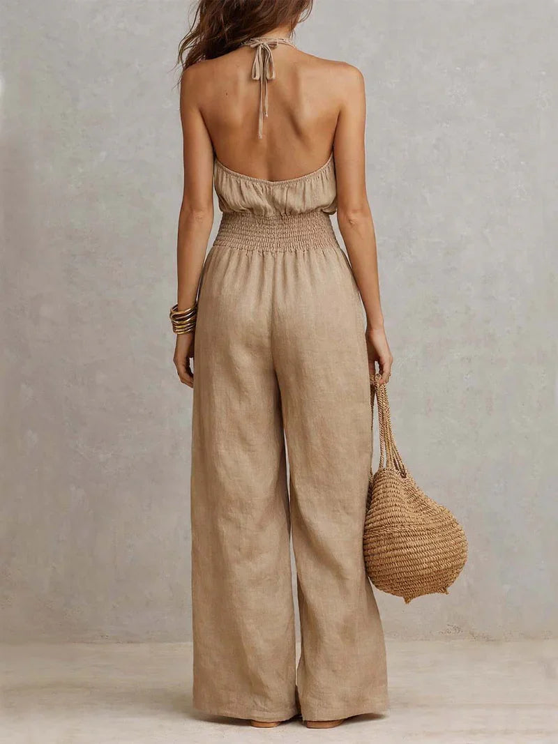 Dames Halter Jumpsuit - Wijde Pijpen en Gesmockte Taille voor Zomer
