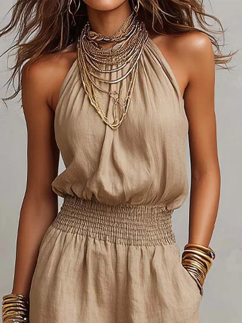 Dames Halter Jumpsuit - Wijde Pijpen en Gesmockte Taille voor Zomer
