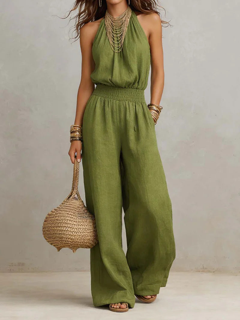 Dames Halter Jumpsuit - Wijde Pijpen en Gesmockte Taille voor Zomer