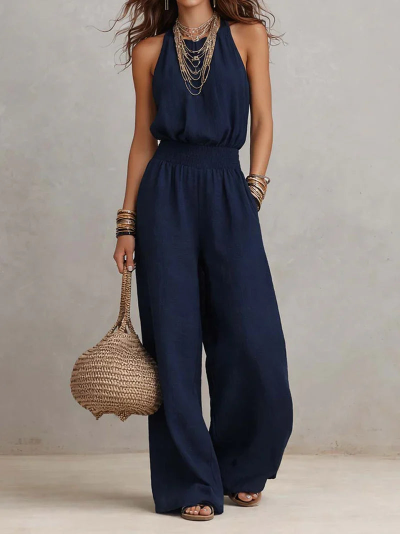 Dames Halter Jumpsuit - Wijde Pijpen en Gesmockte Taille voor Zomer