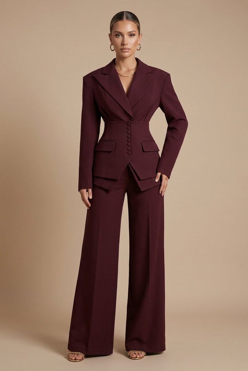 Dames Tweedelige Pakset – Getailleerde Blazer met Wijde Broek