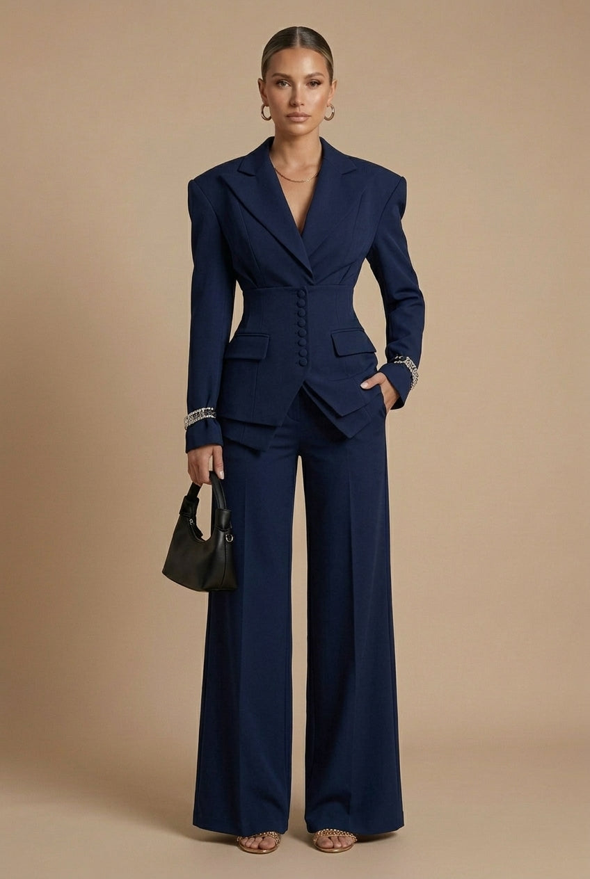 Dames Tweedelige Pakset – Getailleerde Blazer met Wijde Broek