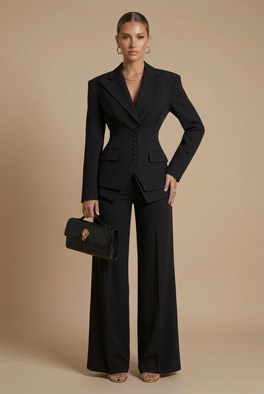 Dames Tweedelige Pakset – Getailleerde Blazer met Wijde Broek