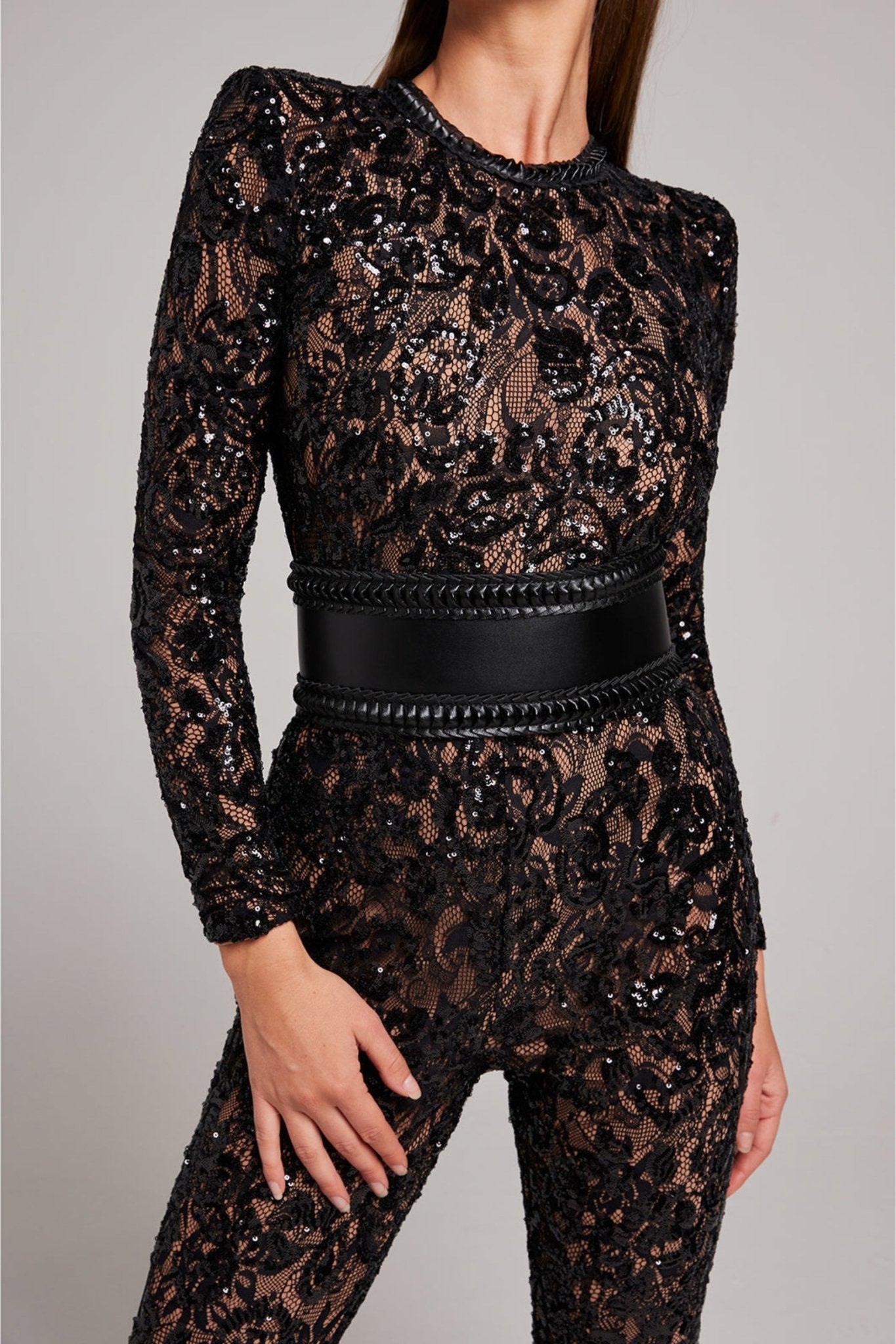 Dames Jumpsuit met Pailletten en Kant – Lange Mouwen en Aansluitende Taille