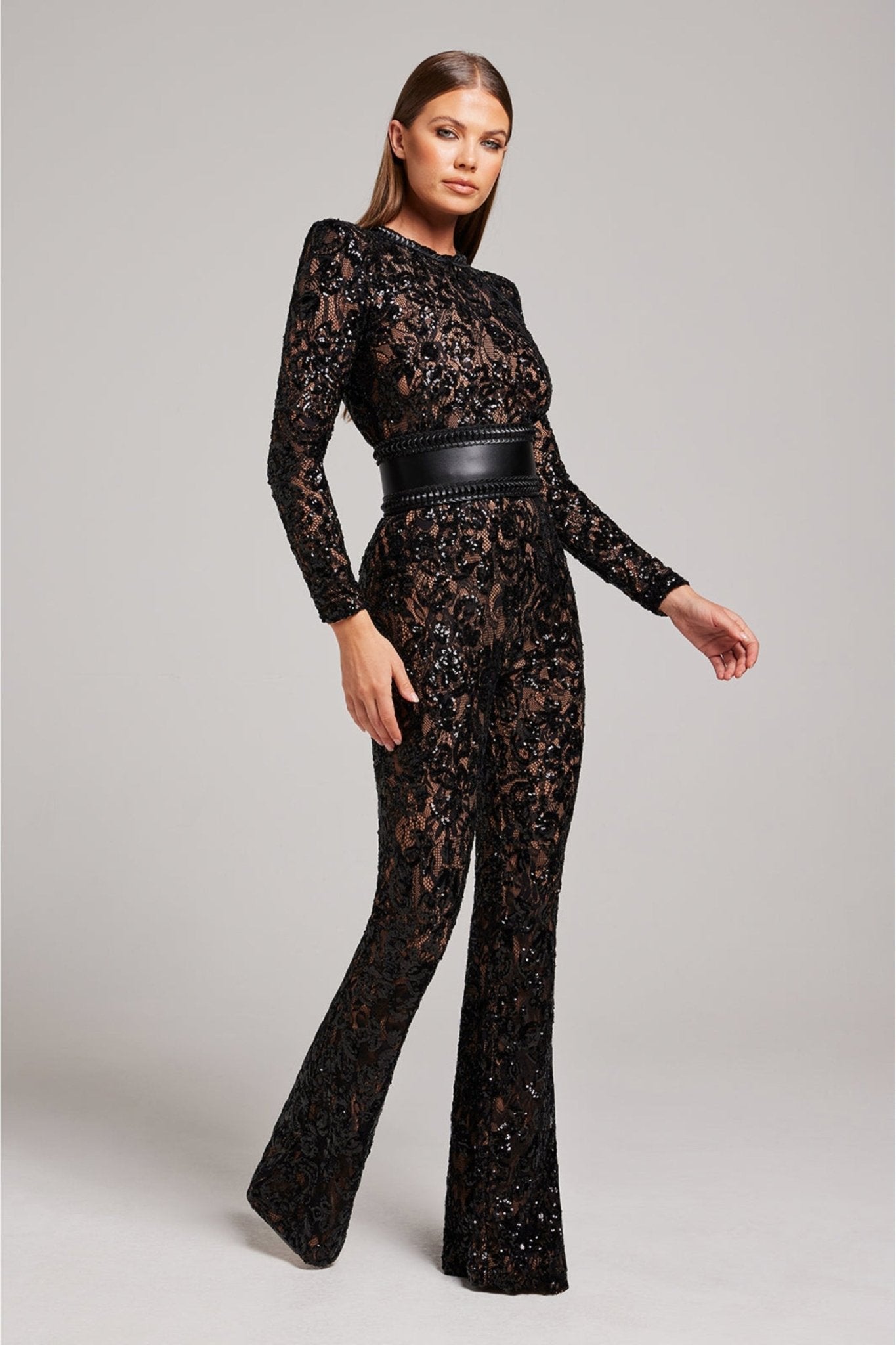 Dames Jumpsuit met Pailletten en Kant – Lange Mouwen en Aansluitende Taille