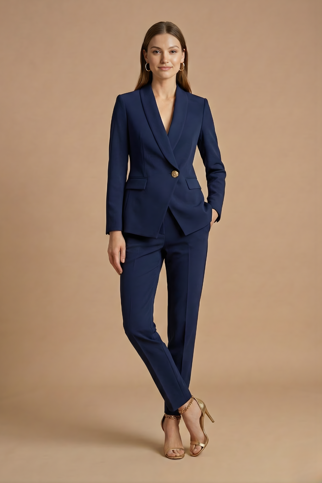 Dames Tweedelige Pakset – Blazer met Sjaalkraag en Rechte Broek