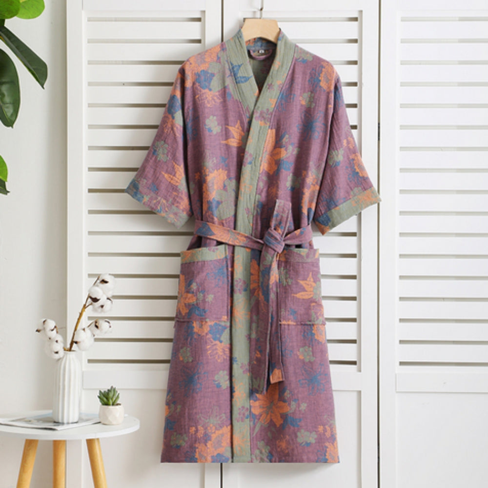 Luxe Katoenen Badjas met Vintage Print Lichtgewicht, Ademend en Comfortabel