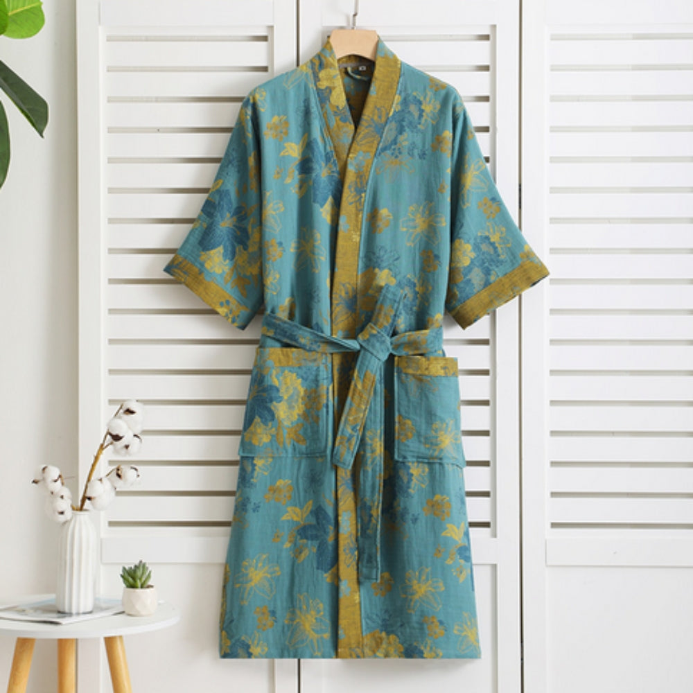 Luxe Katoenen Badjas met Vintage Print Lichtgewicht, Ademend en Comfortabel
