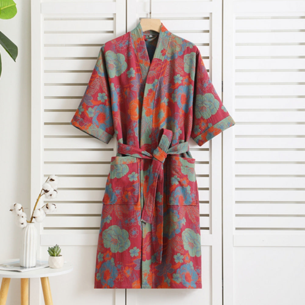 Luxe Katoenen Badjas met Vintage Print Lichtgewicht, Ademend en Comfortabel