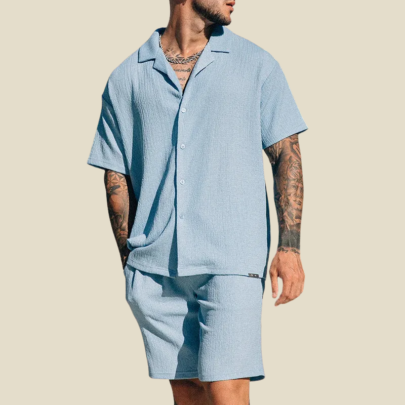 Heren Tweedelige Set – Korte Mouwen Overhemd met Elastische Broek of Shorts