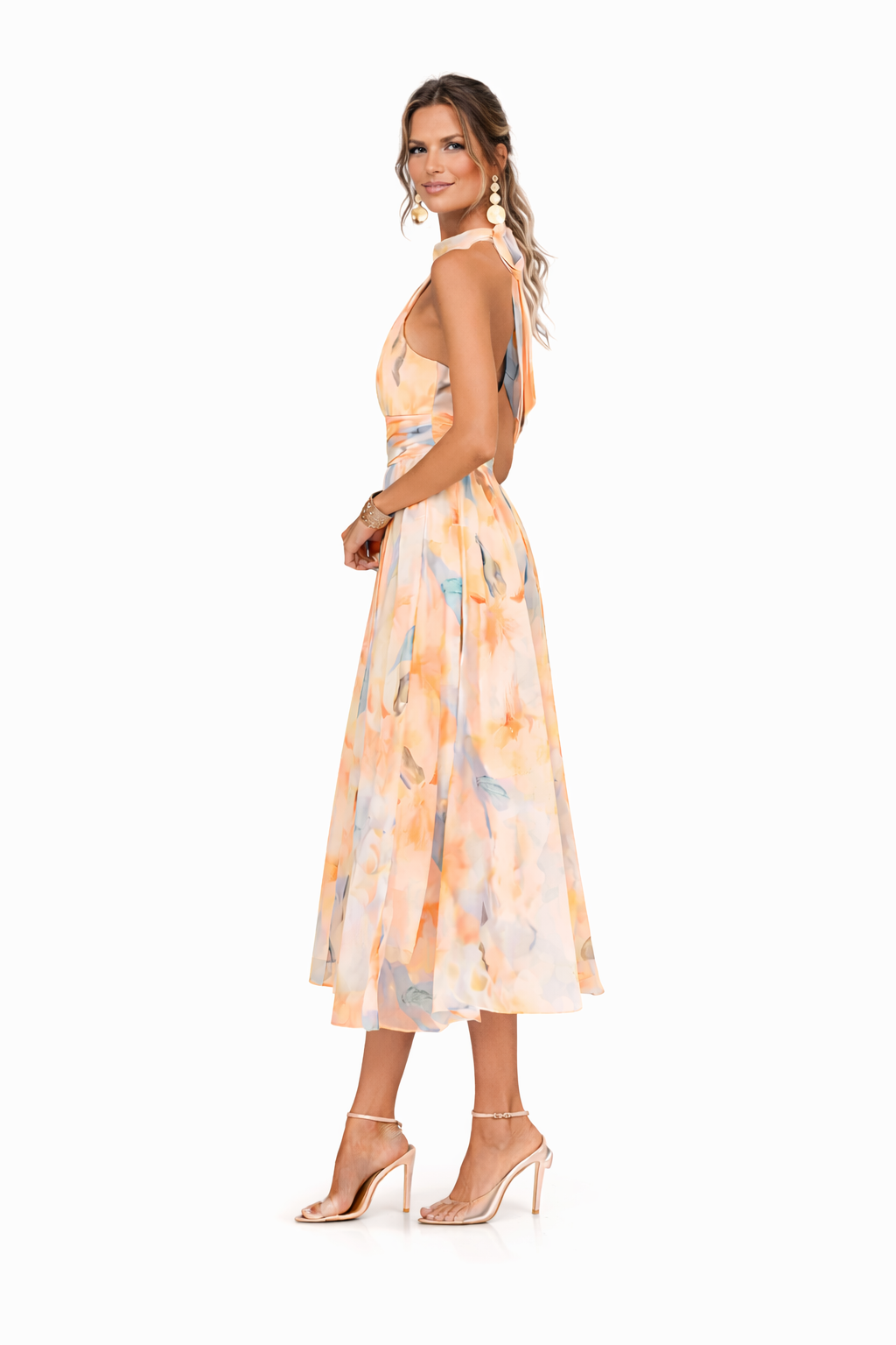 Dames Maxi Jurk met Halterhals en Bloemenprint – Open Rug en Vloeiend Silhouet