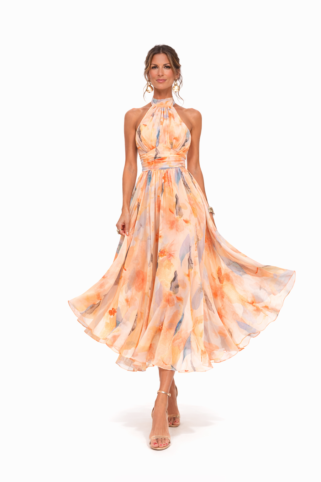 Dames Maxi Jurk met Halterhals en Bloemenprint – Open Rug en Vloeiend Silhouet