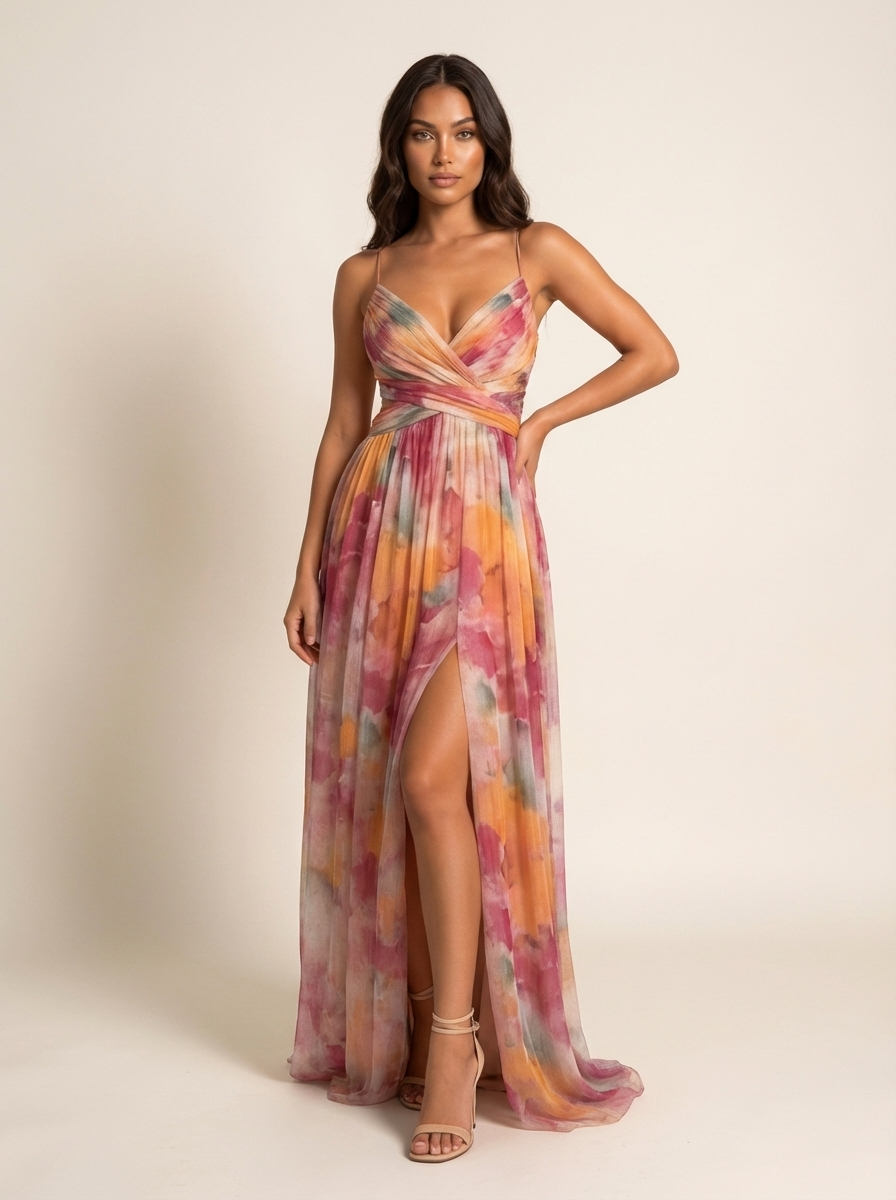 Dames Chiffon Maxi Jurk – Watercolor Print – Elegante Zomer Uitstraling