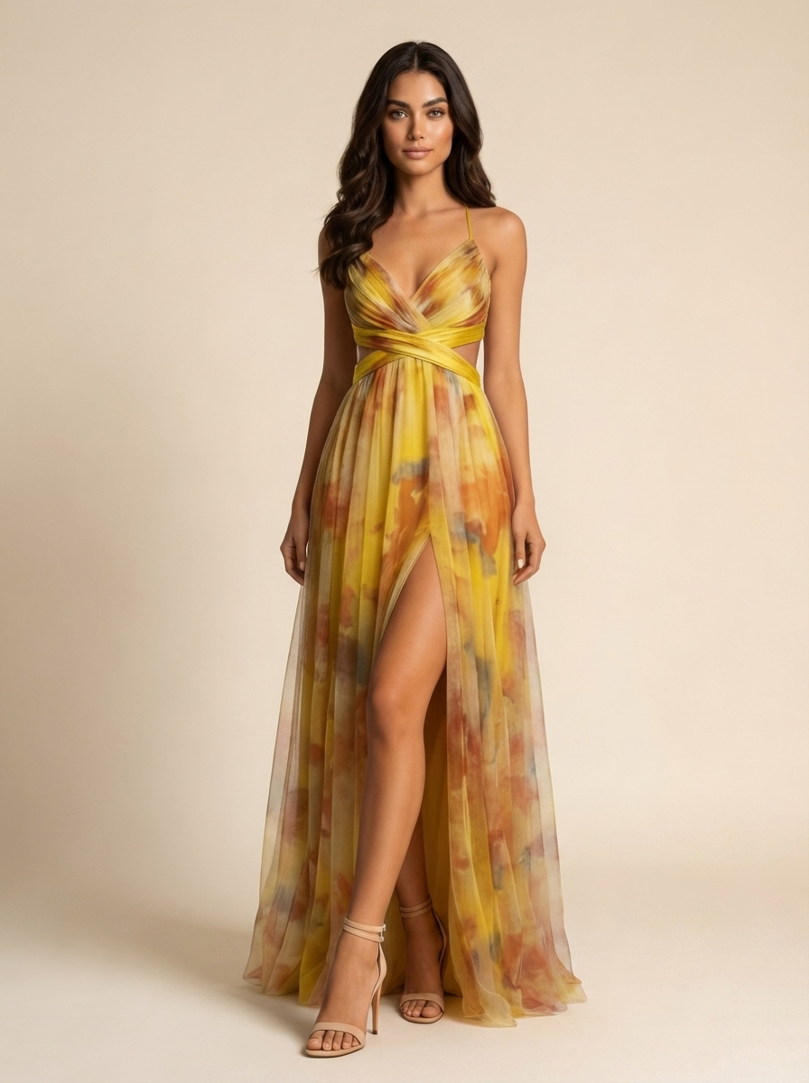 Dames Chiffon Maxi Jurk – Watercolor Print – Elegante Zomer Uitstraling