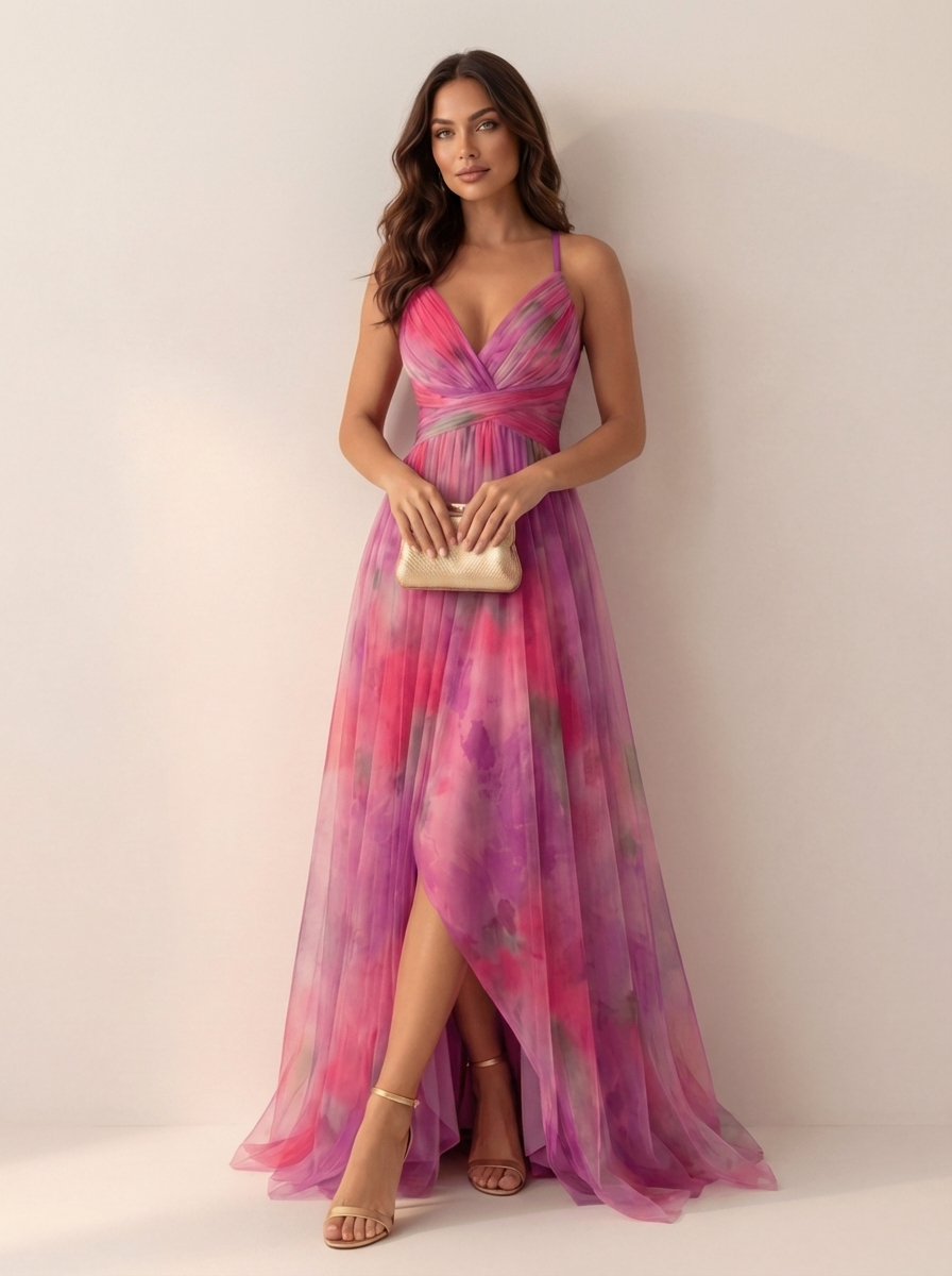 Dames Chiffon Maxi Jurk – Watercolor Print – Elegante Zomer Uitstraling
