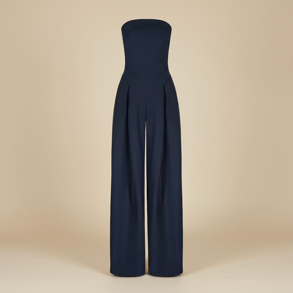 Dames Strapless Jumpsuit met Wijde Pijpen – Aansluitende Taille en Vloeiend Silhouet