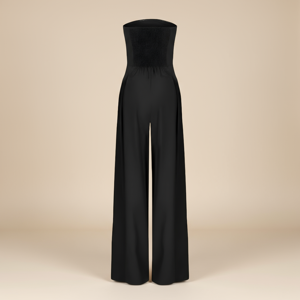 Dames Strapless Jumpsuit met Wijde Pijpen – Aansluitende Taille en Vloeiend Silhouet