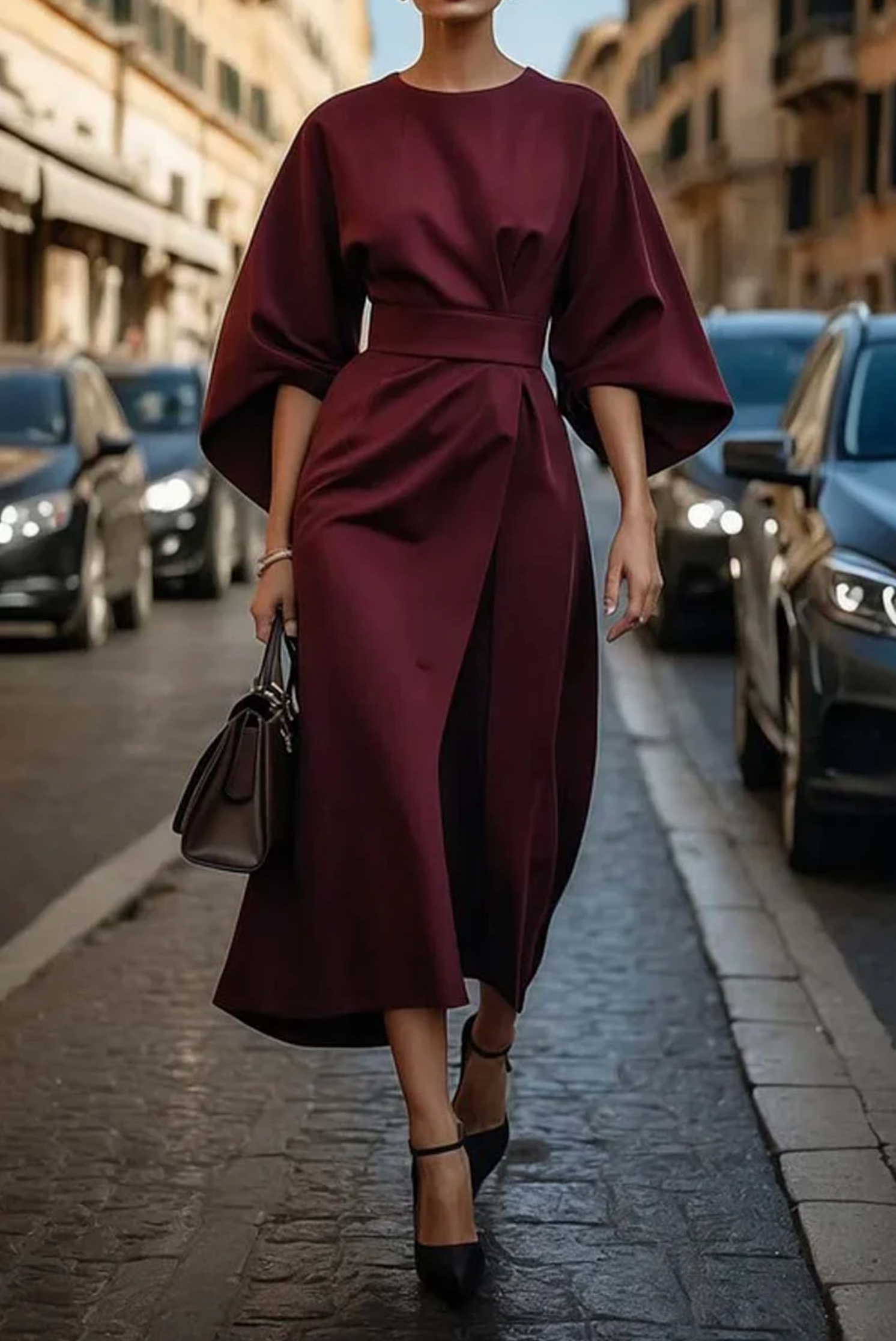 Dames Midi Zomerjurk met Lantaarnmouwen – Ronde Hals en Tailleband