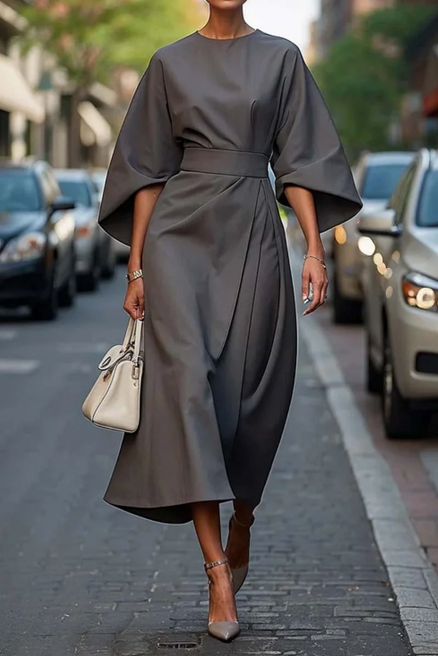 Dames Midi Zomerjurk met Lantaarnmouwen – Ronde Hals en Tailleband