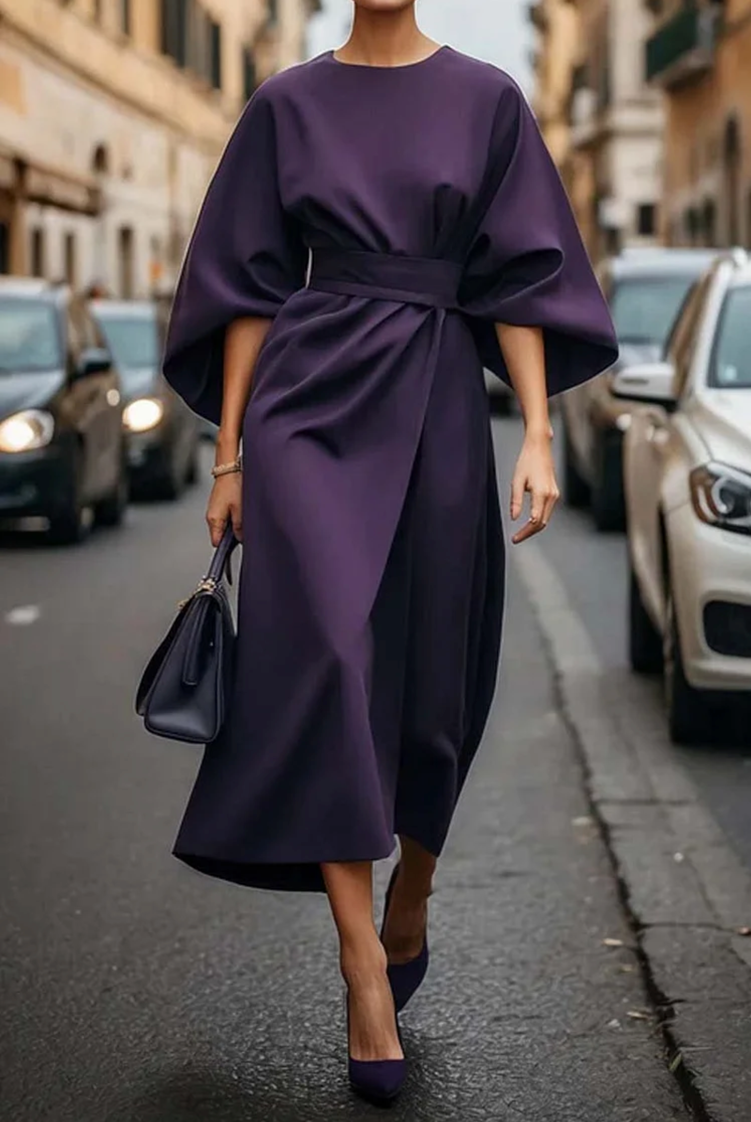 Dames Midi Zomerjurk met Lantaarnmouwen – Ronde Hals en Tailleband