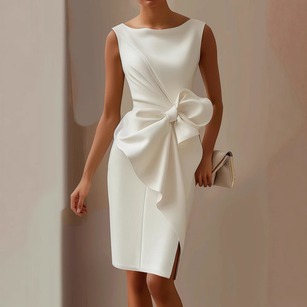 Dames Mouwloze Midi Zomerjurk met Boothals – Strikdetail aan de Zijkant