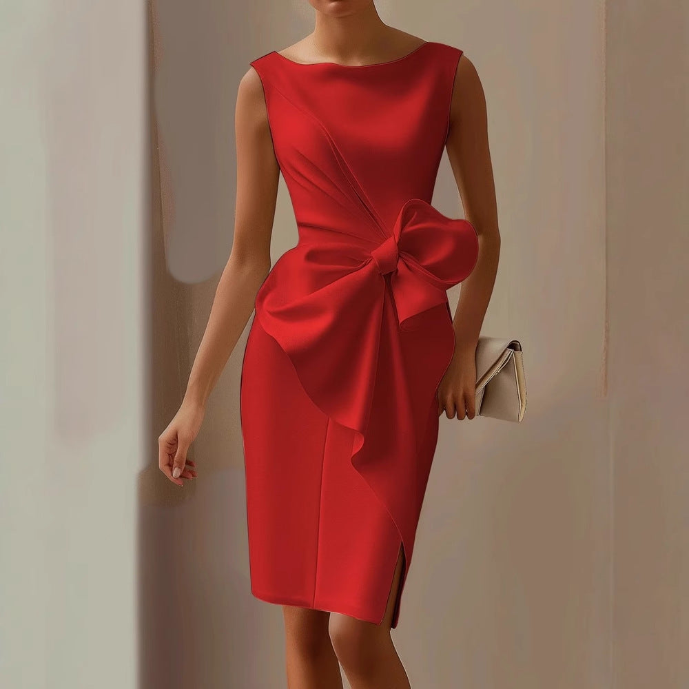 Dames Mouwloze Midi Zomerjurk met Boothals – Strikdetail aan de Zijkant