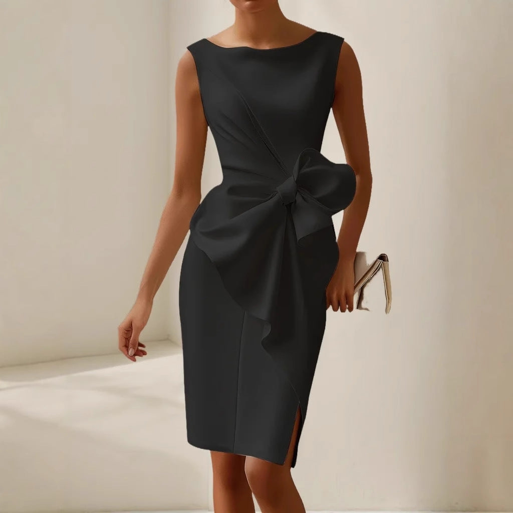Dames Mouwloze Midi Zomerjurk met Boothals – Strikdetail aan de Zijkant